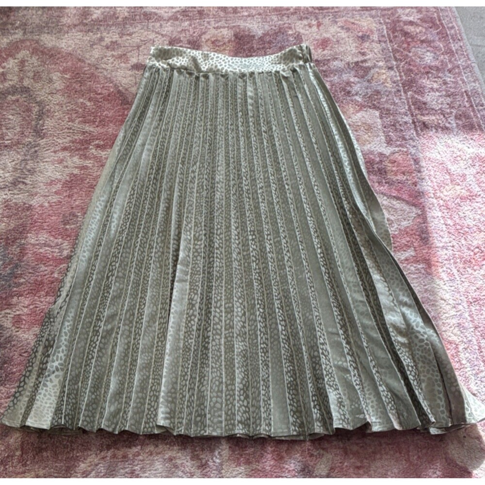 Rokoko Silver Animal Print Satin Pleated Midi Skirt S Elastic Waist Lined